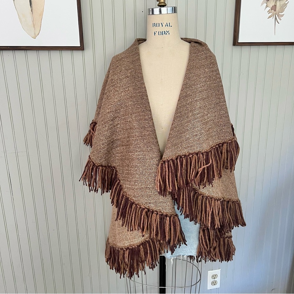 Cape Fringed Double Layered Chevron Tweed Brown Multi Cape Vest Cardigan